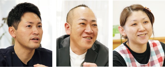 （左から）機能訓練指導員の丸山拓郎さん、副園長の中田太さん、介護主任の長内恵子さん